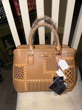 Women's Tan Laser-Cut Satchel Handbag - Unbranded